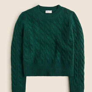 J Crew Cashmere shrunken cable-knit crewneck sweater Heather Rich Pine NWT